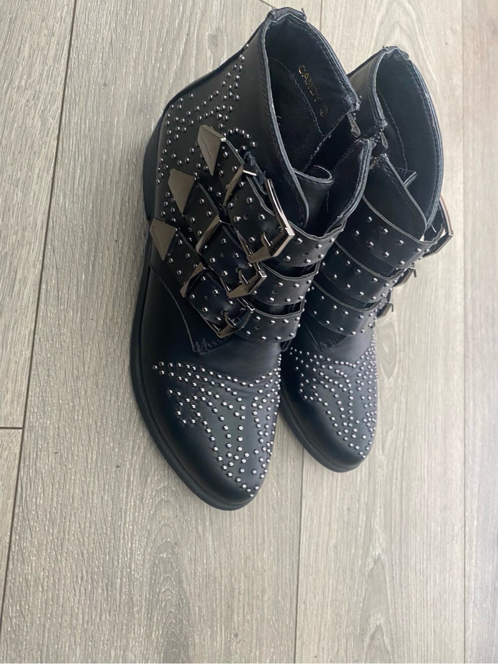 AKIRA Black Studded Buckle Ankle Booties